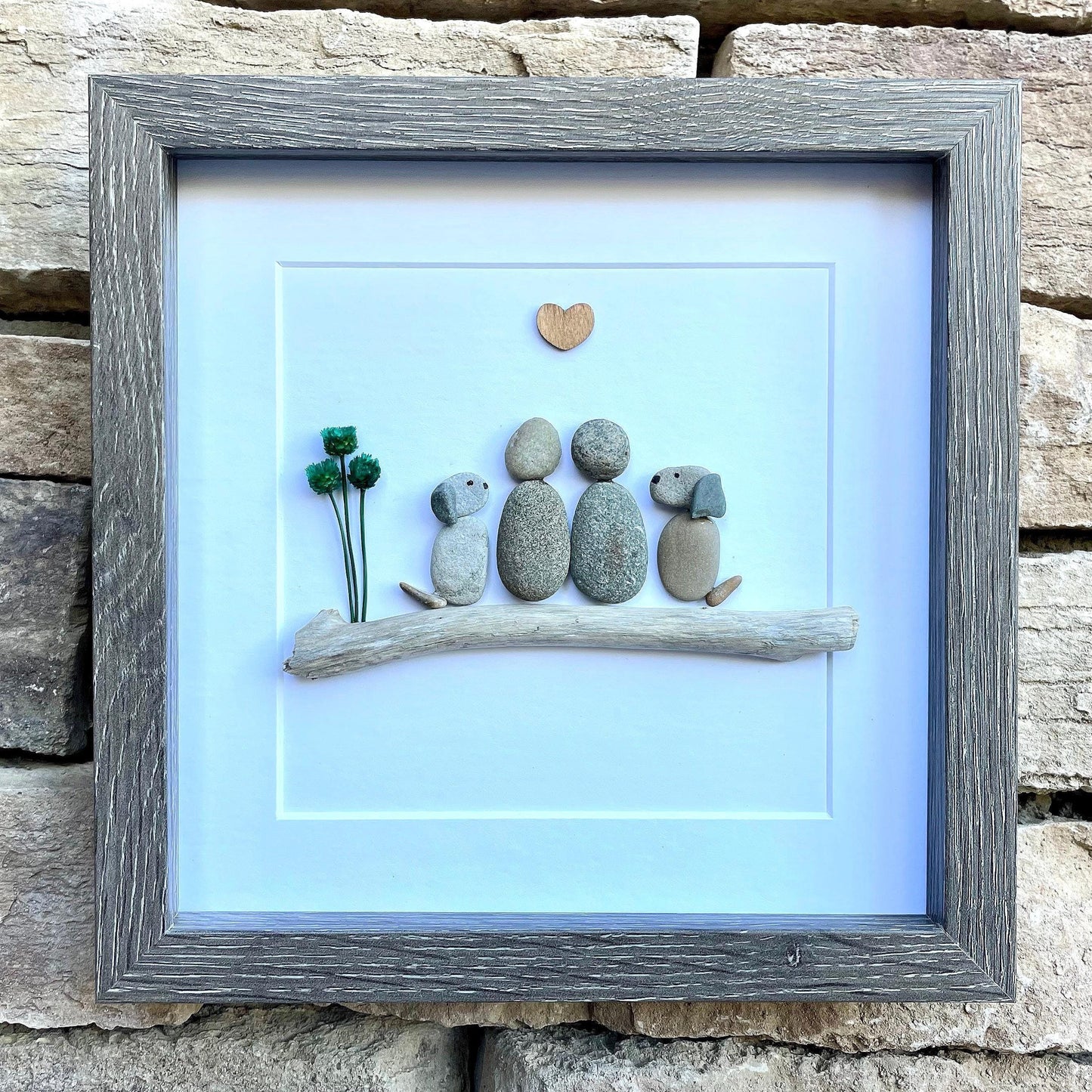 Couple with Two Dogs, 8x8 Framed Pebble Art, Personalized Pet Artwork, Perfect Gift for Dog Owners