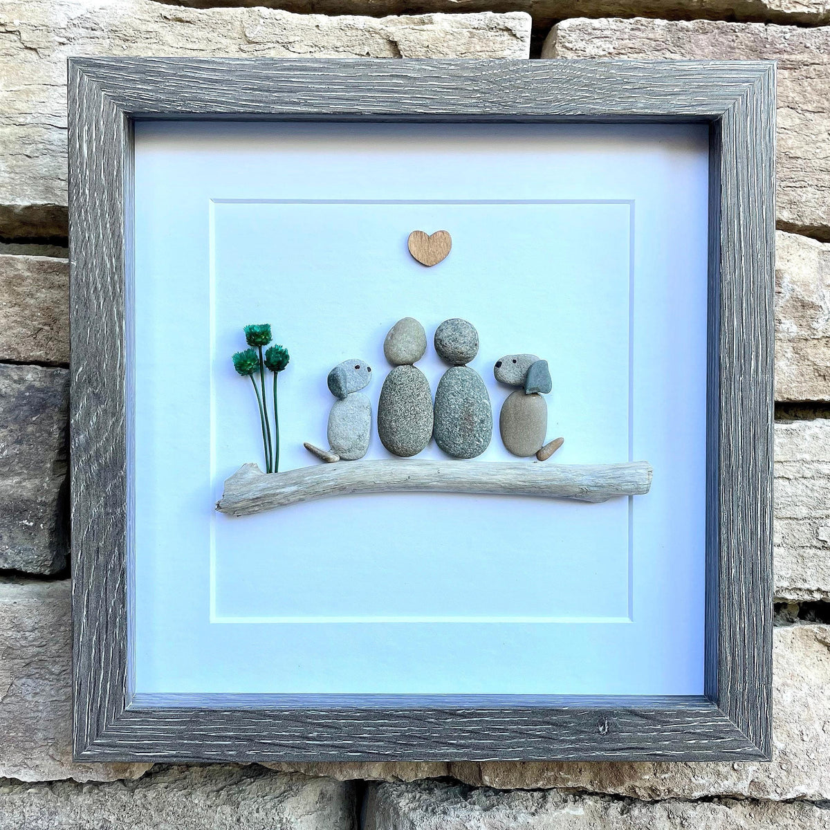 Couple with Two Dogs, 8x8 Framed Pebble Art, Personalized Pet Artwork, Perfect Gift for Dog Owners