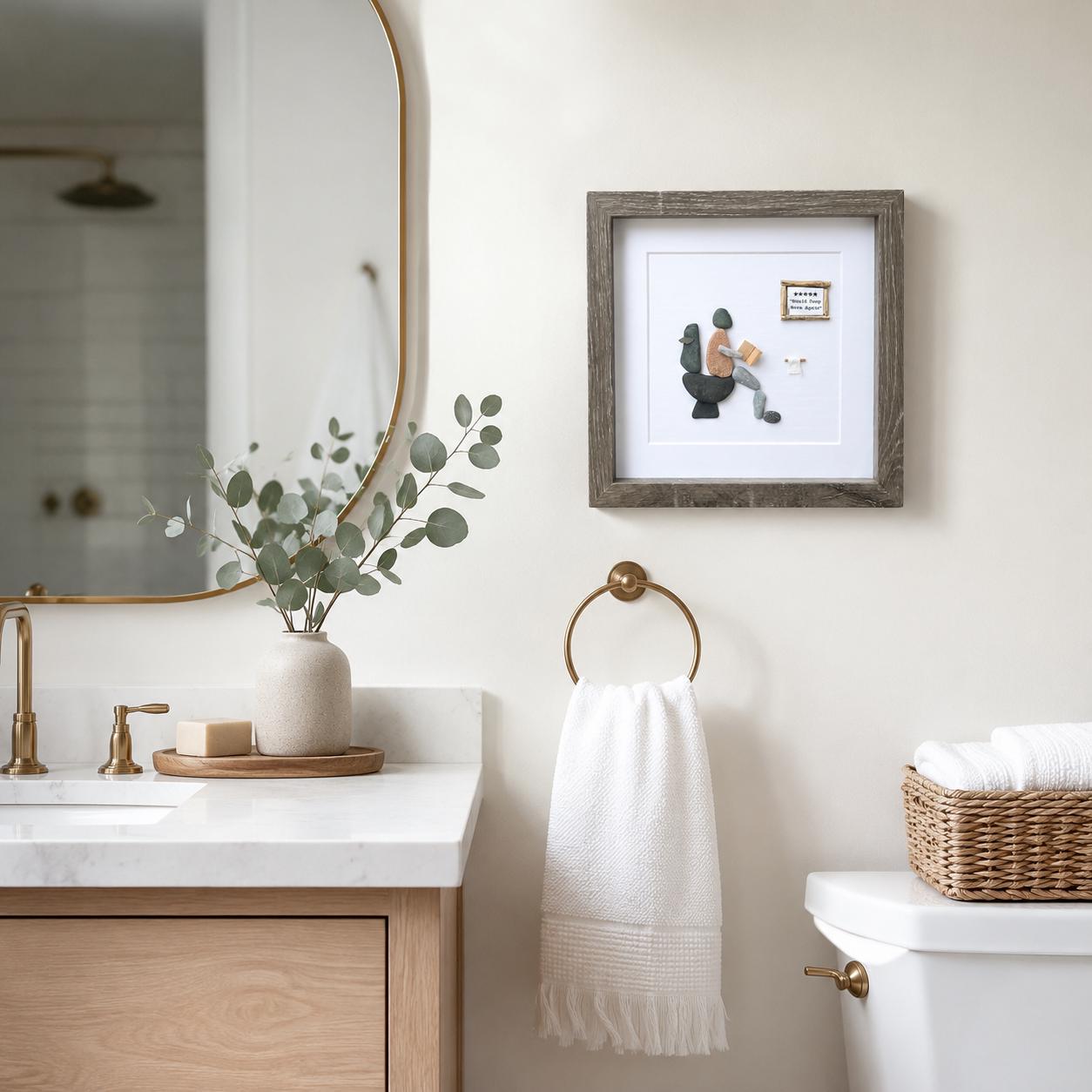 Five Stars Would Poop Here Again Bathroom Art, 9x9 Framed Handmade Pebble Art, Perfect Funny Gift for Housewarming, Anniversary, Birthday