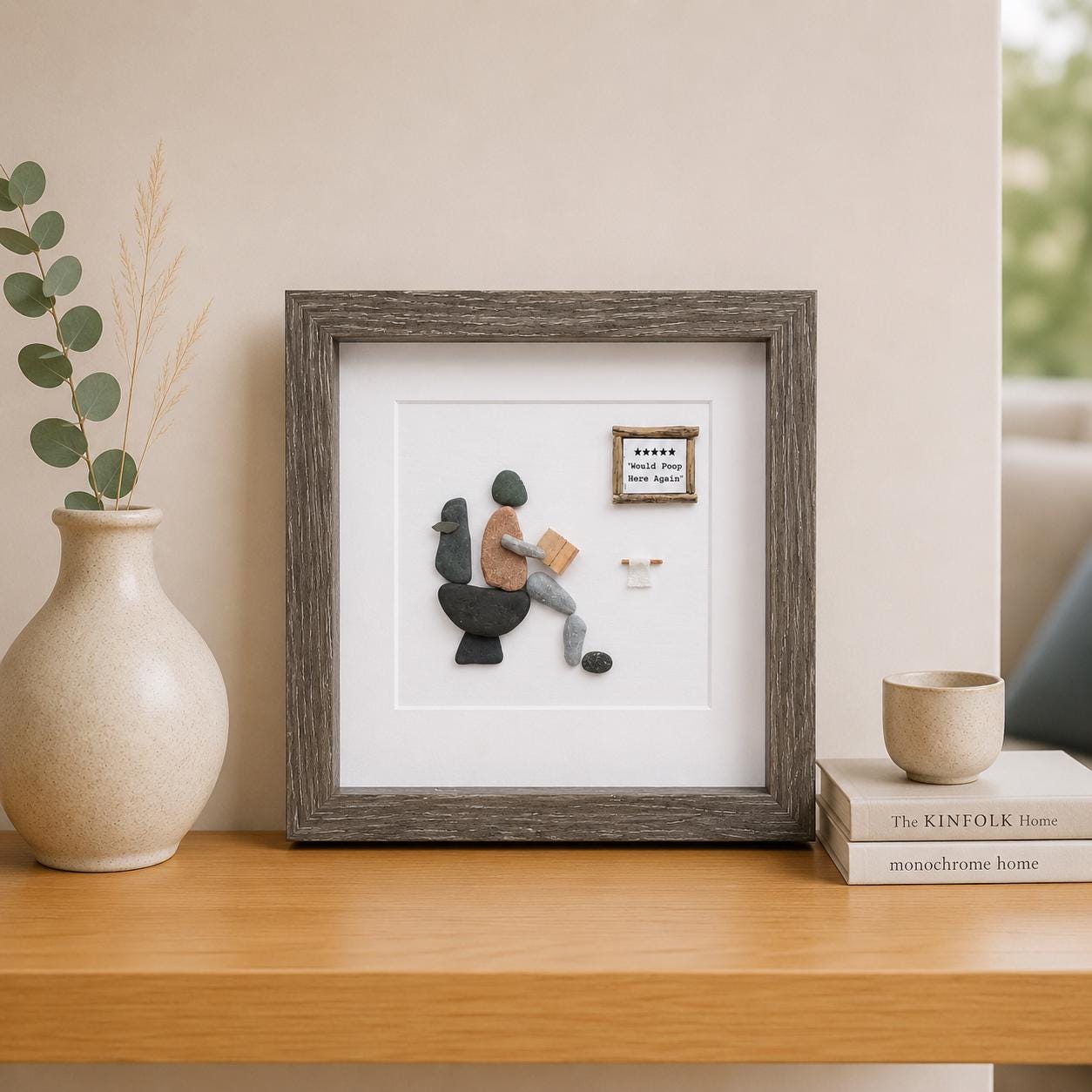Five Stars Would Poop Here Again Bathroom Art, 9x9 Framed Handmade Pebble Art, Perfect Funny Gift for Housewarming, Anniversary, Birthday