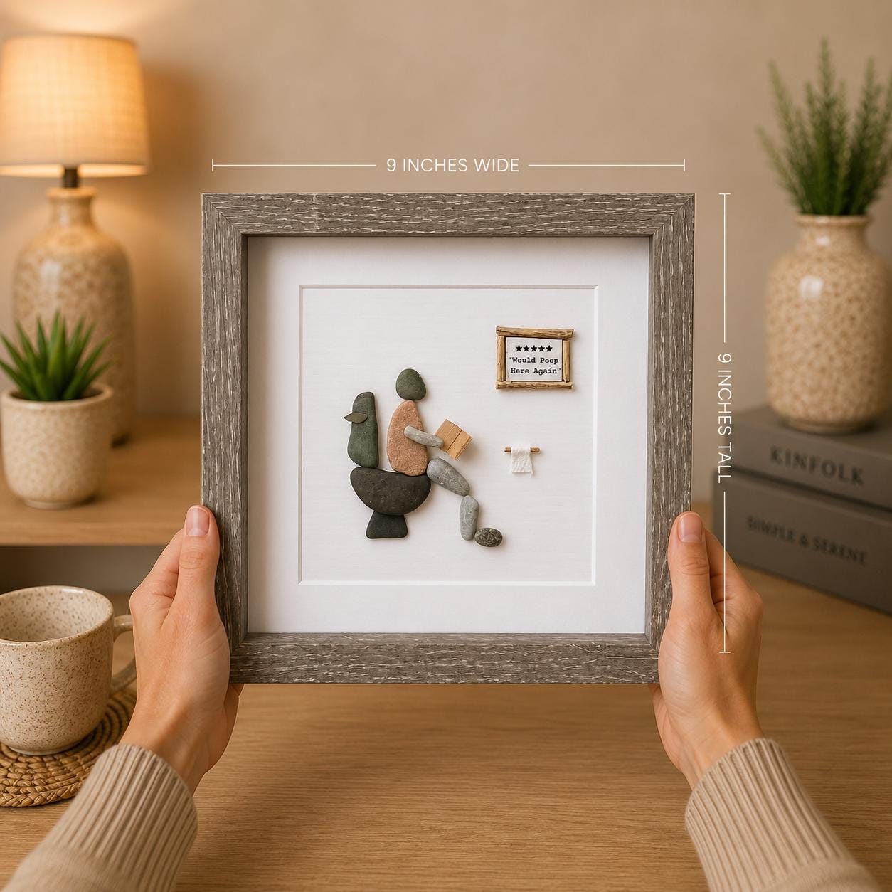 Five Stars Would Poop Here Again Bathroom Art, 9x9 Framed Handmade Pebble Art, Perfect Funny Gift for Housewarming, Anniversary, Birthday
