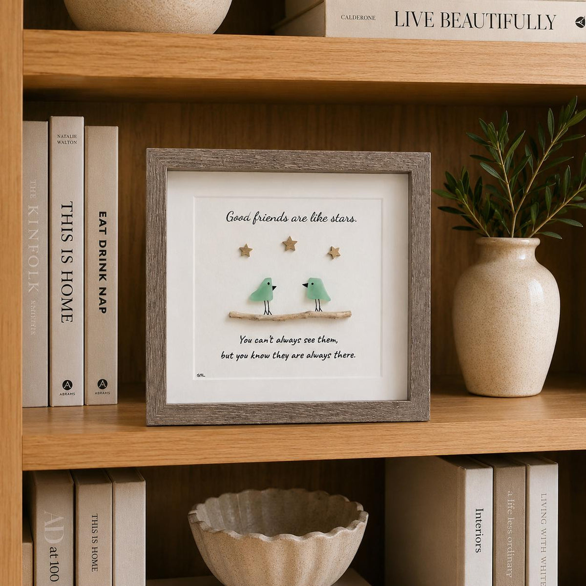 Good Friends Are Like Stars, Framed Sea Glass Art Gift for Close Friend (9x9”)