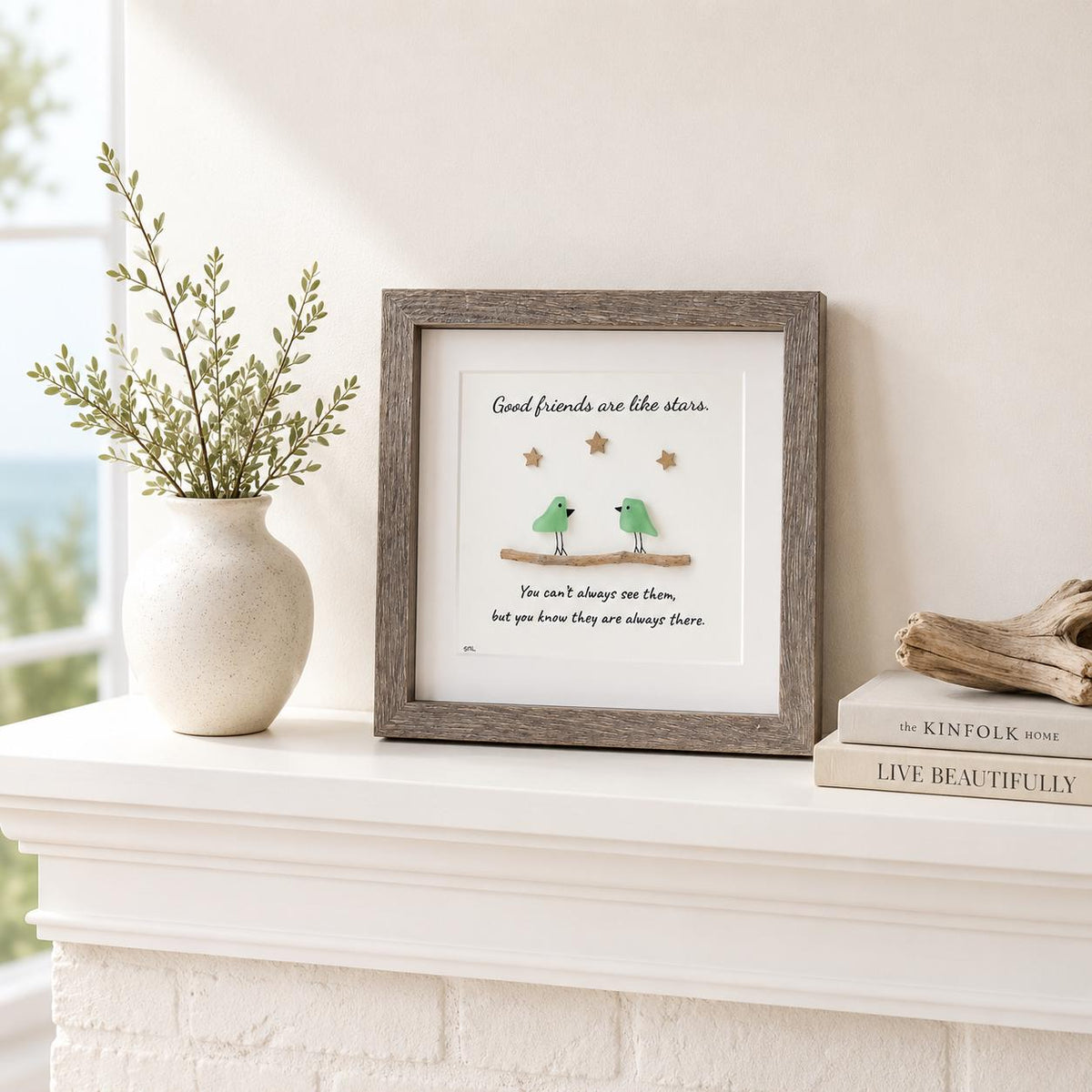 Good Friends Are Like Stars, Framed Sea Glass Art Gift for Close Friend (9x9”)