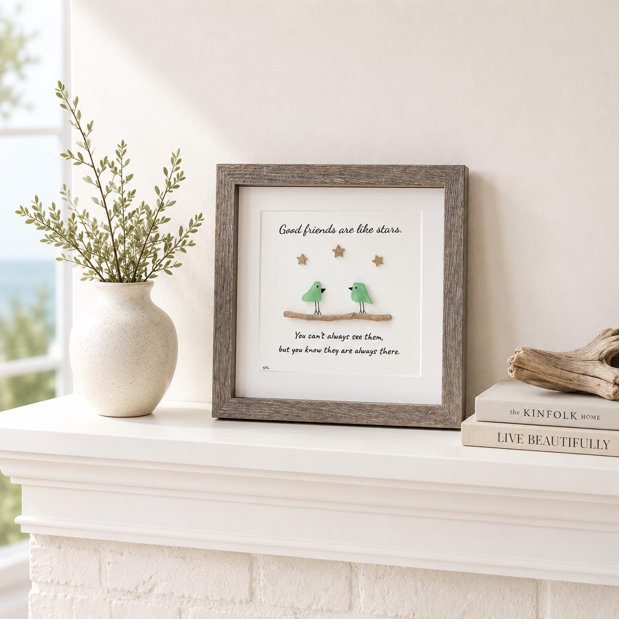 Good Friends Are Like Stars, Framed Sea Glass Art Gift for Close Friend (9x9”)