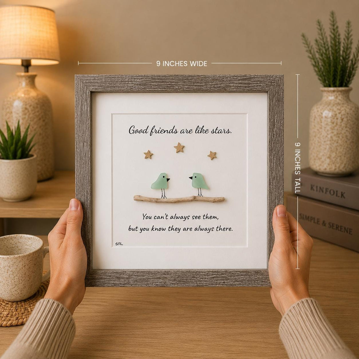 Good Friends Are Like Stars, Framed Sea Glass Art Gift for Close Friend (9x9”)