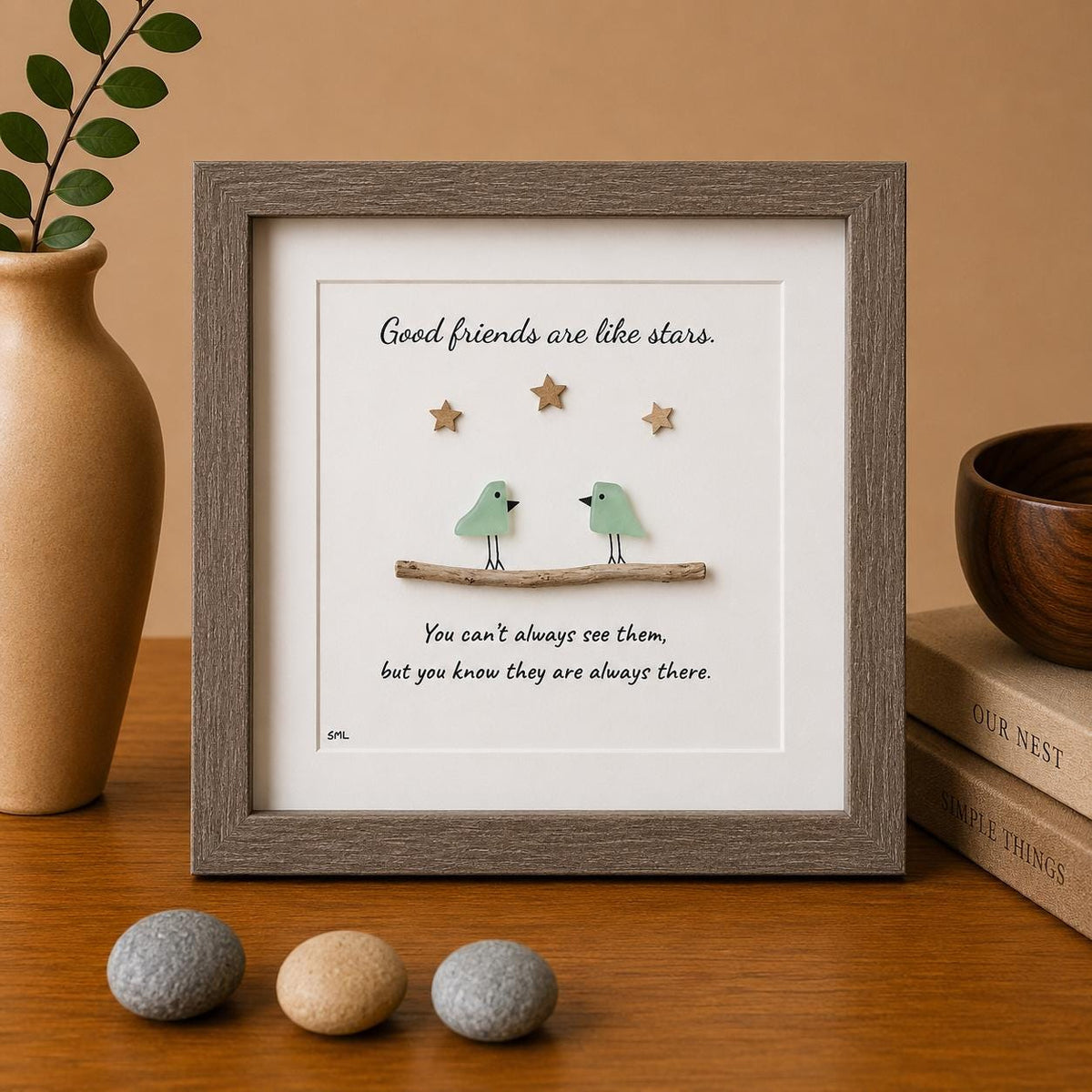 Good Friends Are Like Stars, Framed Sea Glass Art Gift for Close Friend (9x9”)