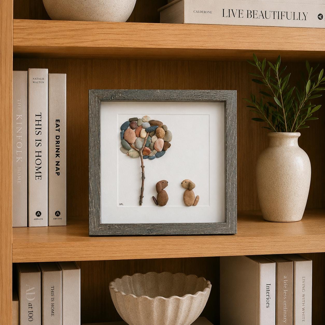 Framed Pebble Art, Two Dogs Under Tree, Gift for Dog Owners (9x9)