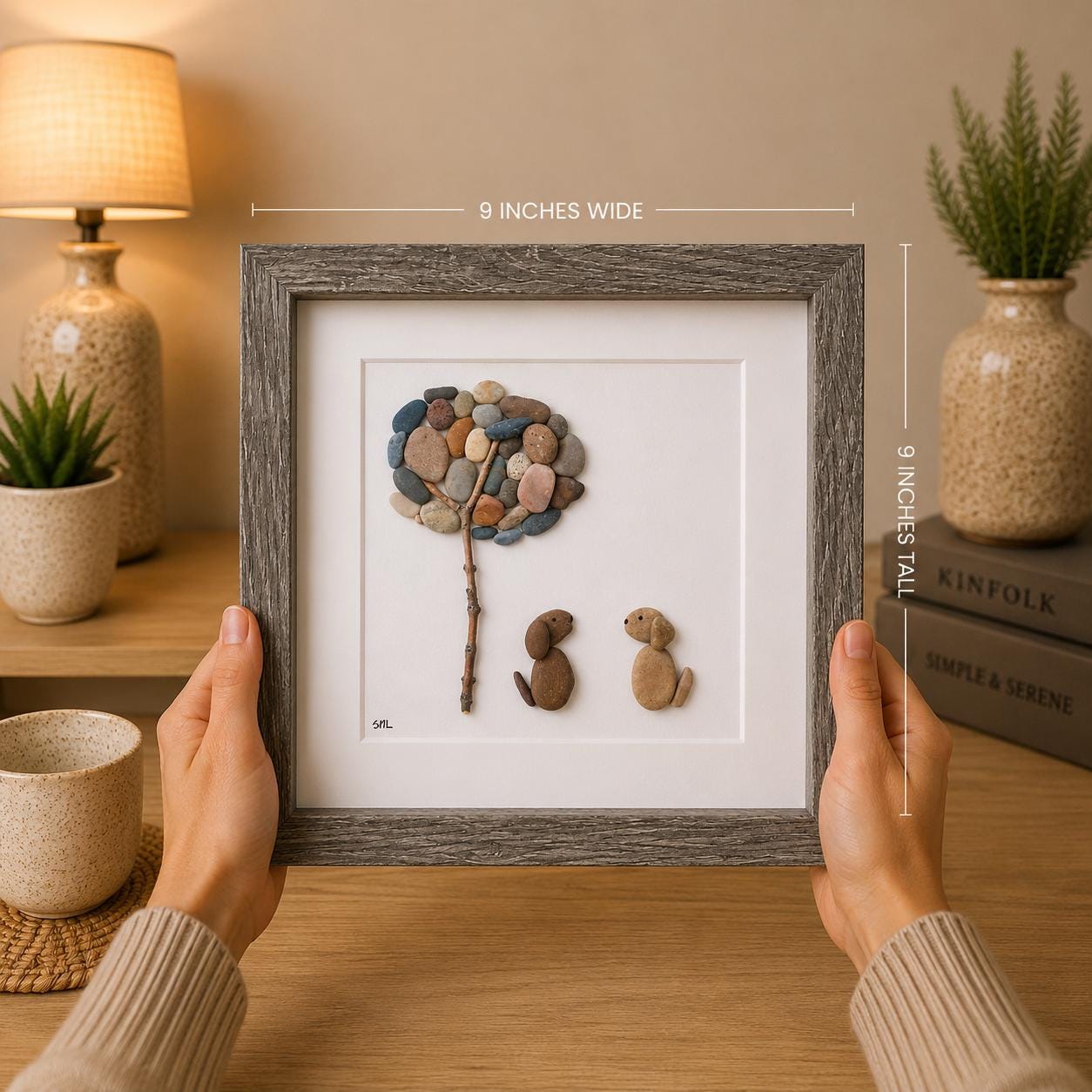 Framed Pebble Art, Two Dogs Under Tree, Gift for Dog Owners (9x9)