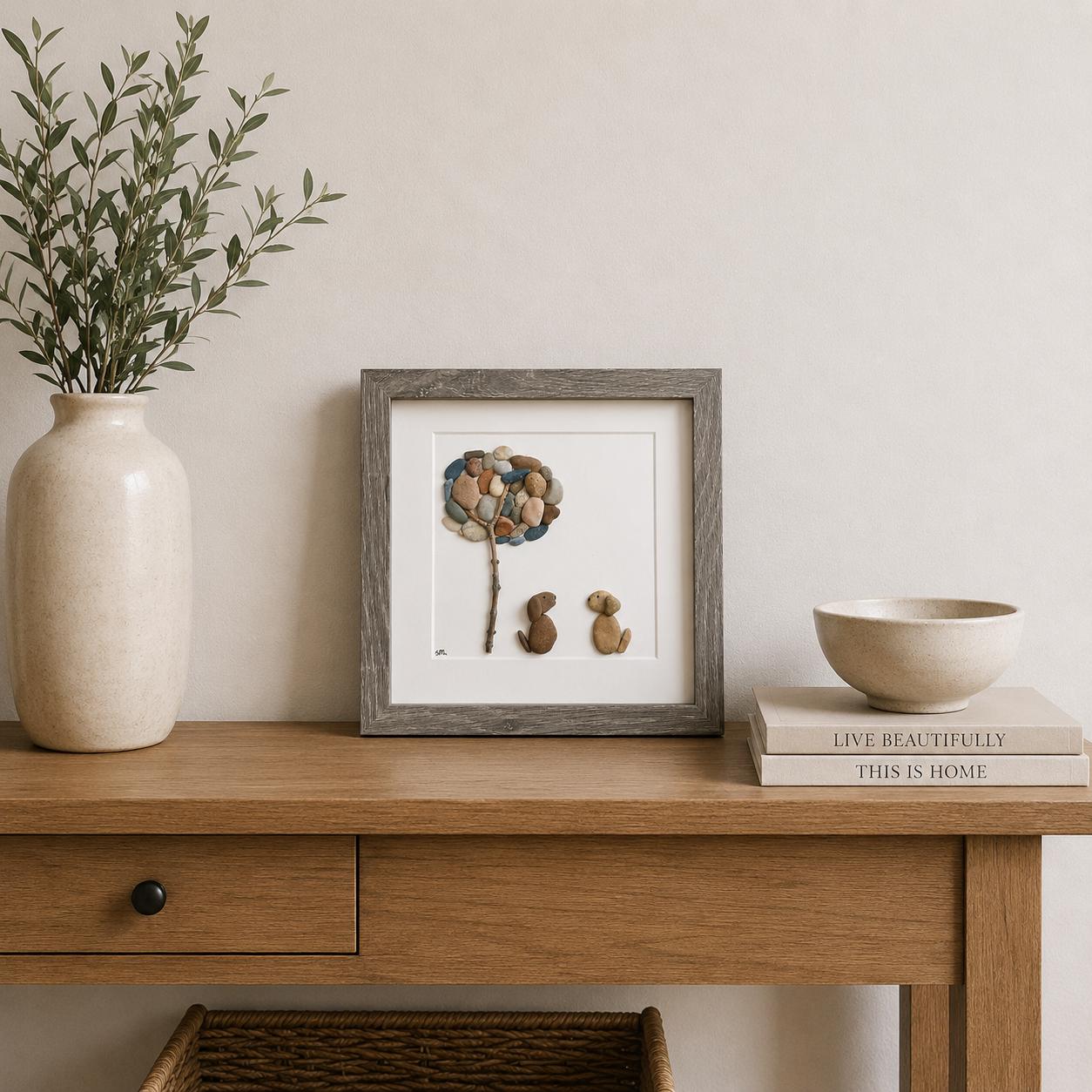 Framed Pebble Art, Two Dogs Under Tree, Gift for Dog Owners (9x9)