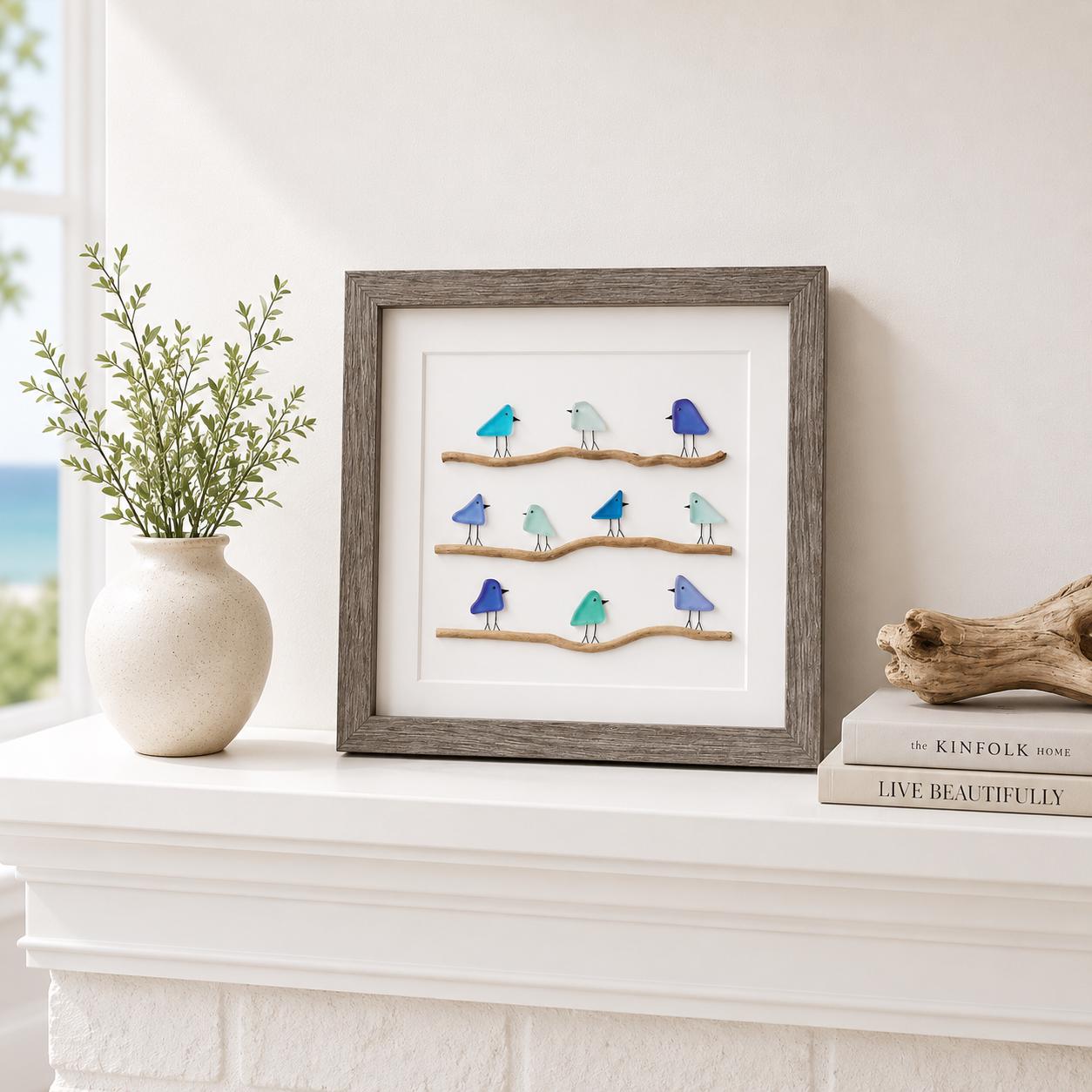 Sea Glass Birds on Driftwood | Coastal Framed Art (8x8)