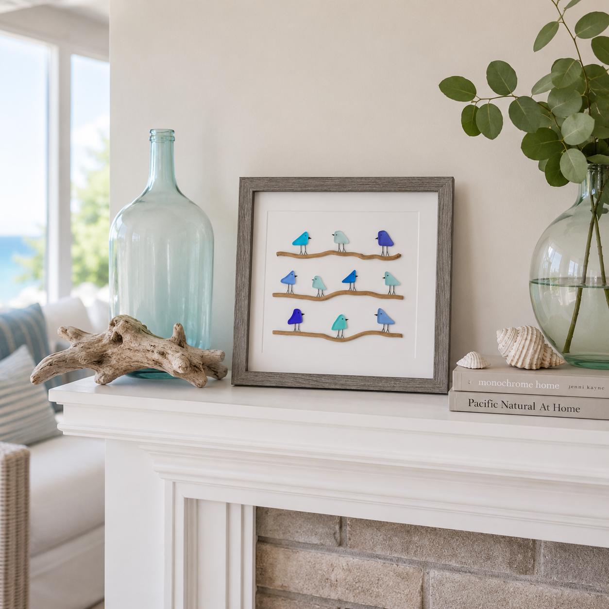 Sea Glass Birds on Driftwood | Coastal Framed Art (8x8)