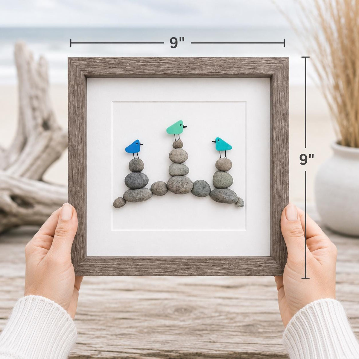 Sea Glass Birds on Rock Piles, 9 x 9 Framed Original Handmade Pebble Beach Art, Minimalist Beach Decor