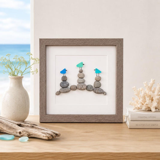 Sea Glass Birds on Rock Piles, 9 x 9 Framed Original Handmade Pebble Beach Art, Minimalist Beach Decor