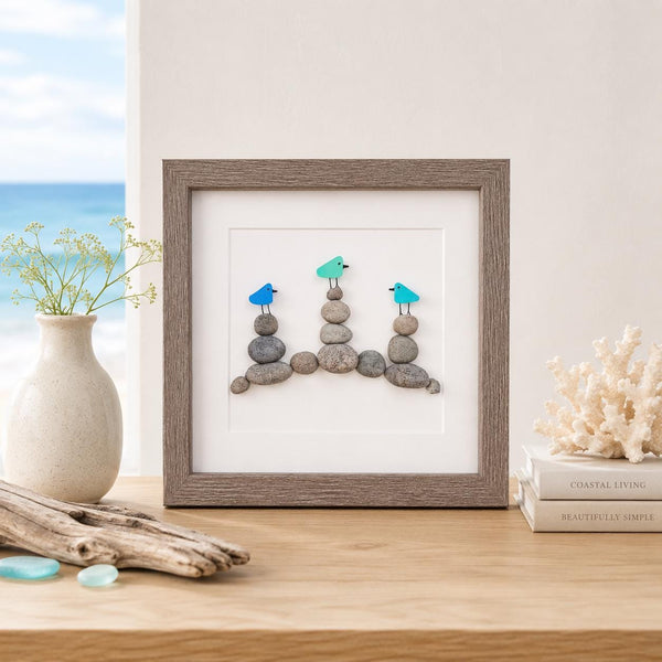 Sea Glass Birds on Rock Piles, 9 x 9 Framed Original Handmade Pebble Beach Art, Minimalist Beach Decor