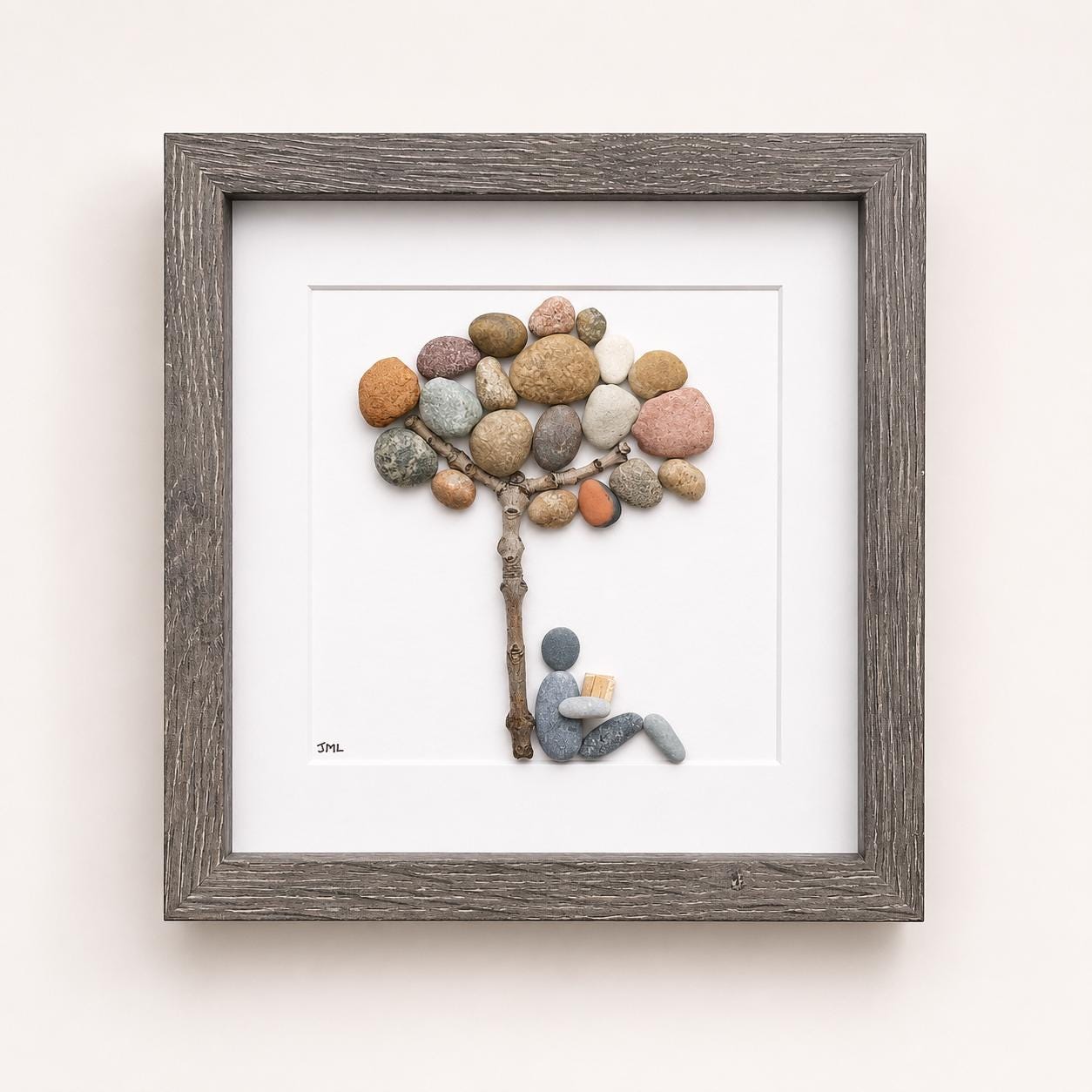 Book Lover Gift | Reading Under Pebble Tree Art | Handmade Pebble Picture for Readers