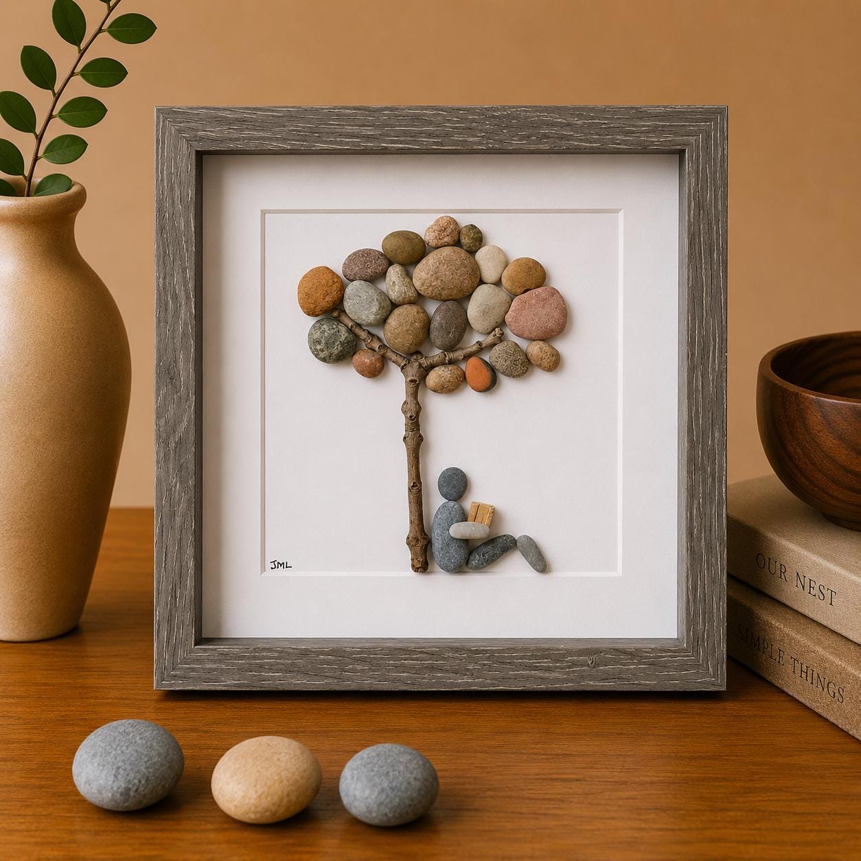 Book Lover Gift | Reading Under Pebble Tree Art | Handmade Pebble Picture for Readers