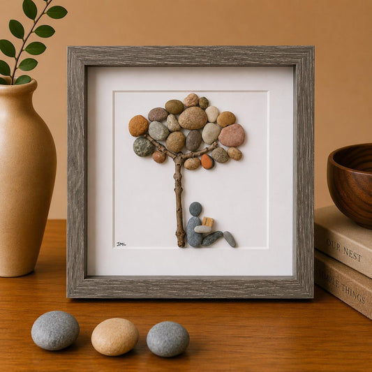 Book Lover Gift | Reading Under Pebble Tree Art | Handmade Pebble Picture for Readers
