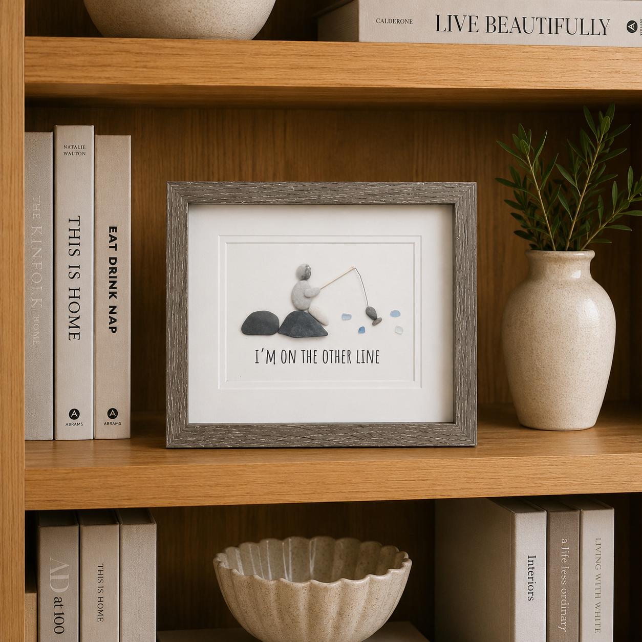 Fishing Pebble and Sea Glass Art, 8 x 10” Personalized Fishing Gift