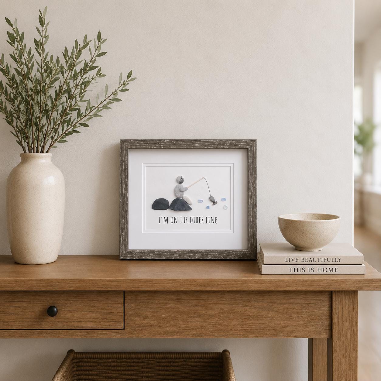 Fishing Pebble and Sea Glass Art, 8 x 10” Personalized Fishing Gift