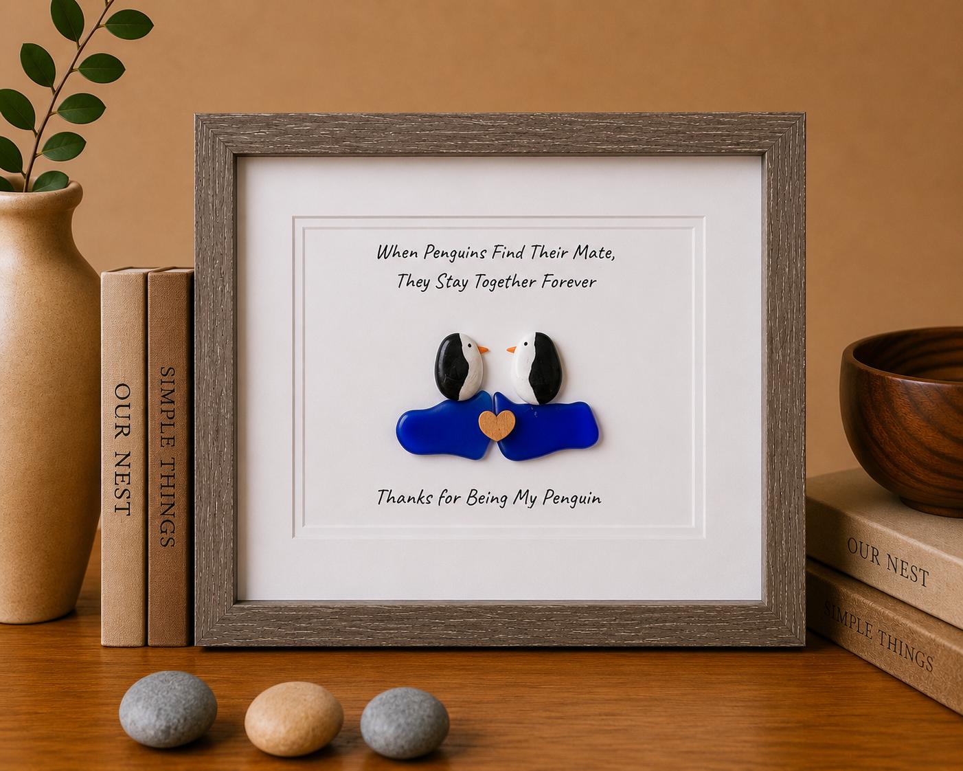 Thanks for Being My Penguin | Handmade Pebble & Sea Glass Art | Romantic Framed Gift for Anniversary or Partner | Sea Glass Penguin Art