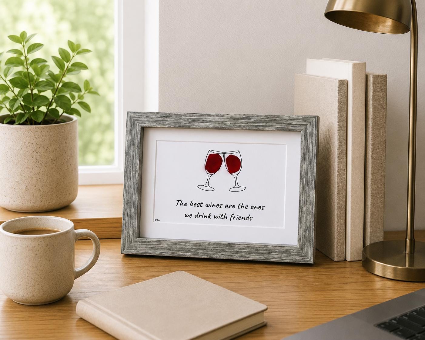The Best Wines Are The Ones We Drink With Friends Sea Glass Art, 5x7 Handmade Art, Bar Decor, Cocktail Art, Housewarming Gift, Wine Lover