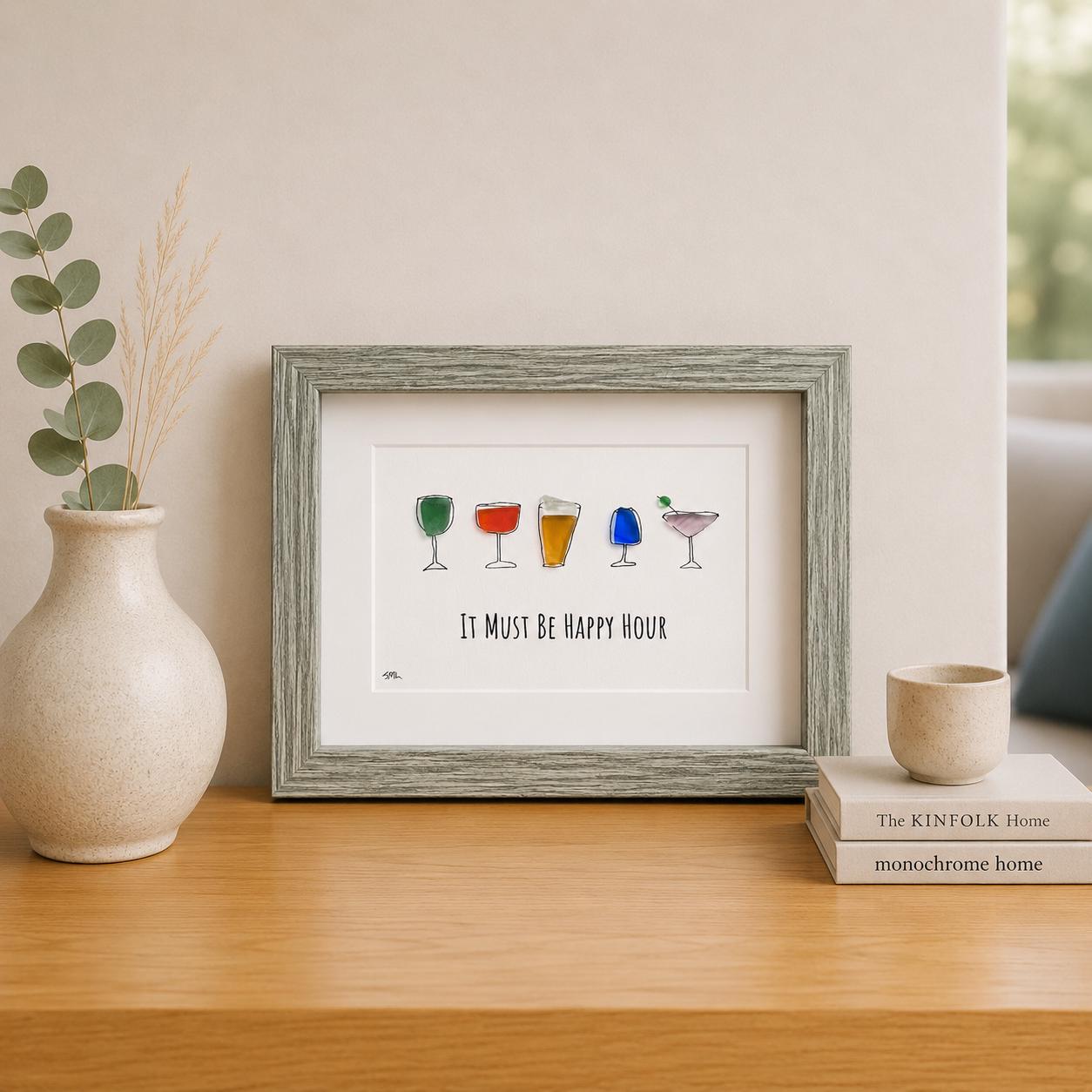 Happy Hour Sea Glass Art, Cocktail Wall Decor, Bar Cart Decor, Framed Drink Art, Kitchen Bar Sign, Housewarming Gift, Gift for Friend