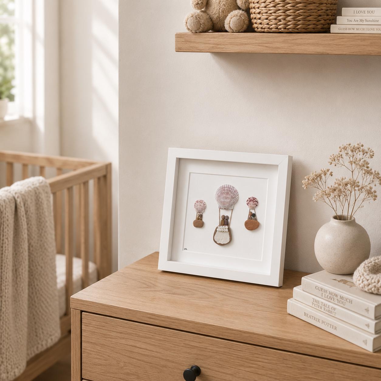 Hot Air Balloon Pebble Art, Shell Accents, Framed Natural Art (9x9)