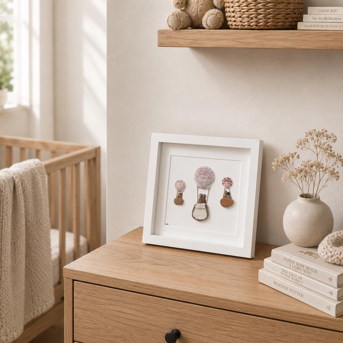 Hot Air Balloon Pebble Art, Shell Accents, Framed Natural Art (9x9)