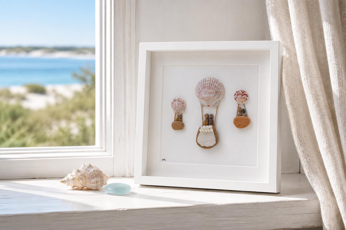 Hot Air Balloon Pebble Art, Shell Accents, Framed Natural Art (9x9)