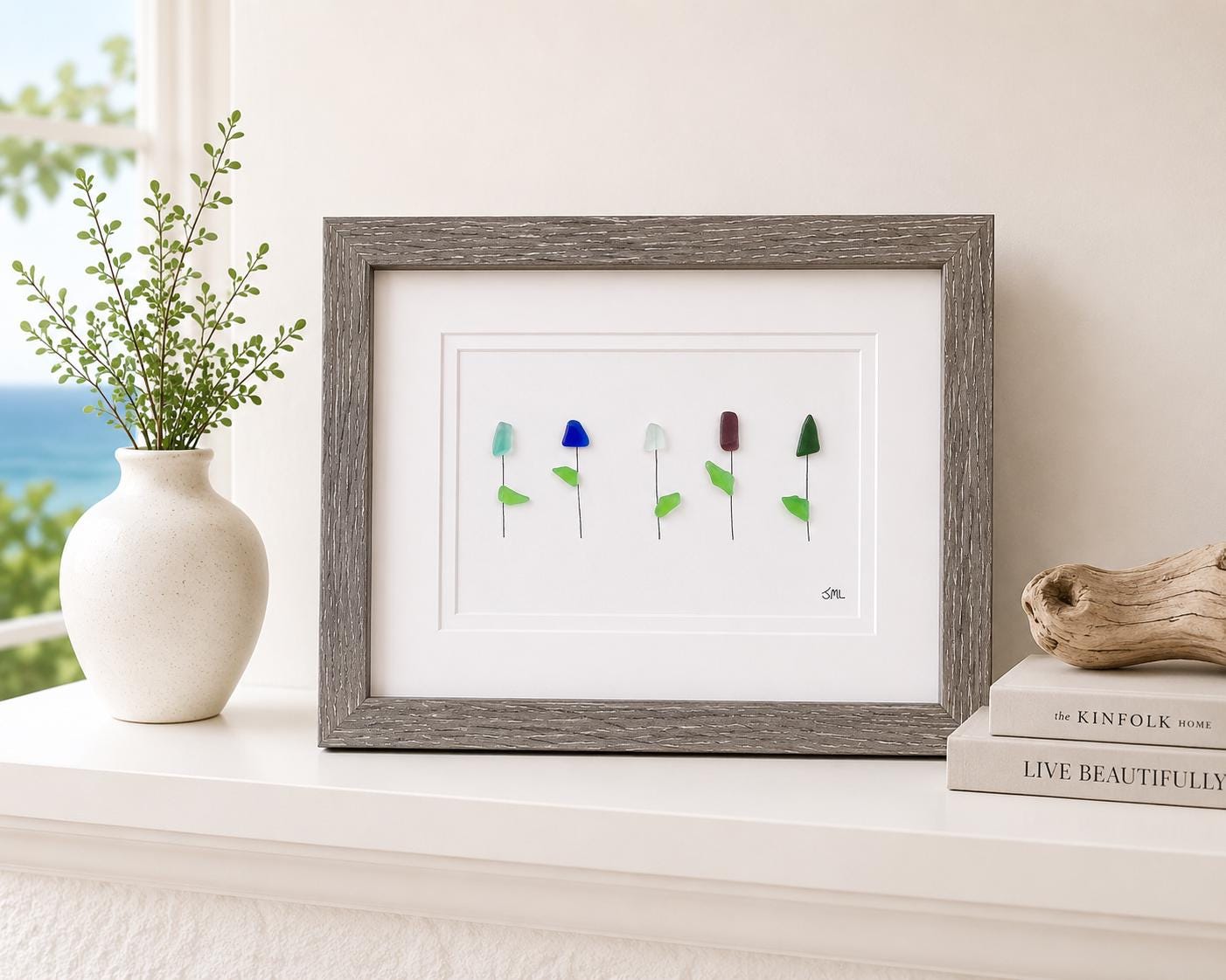 Framed Sea Glass Flowers, 8x10 Handmade Original Artwork, Unique Wall Decor
