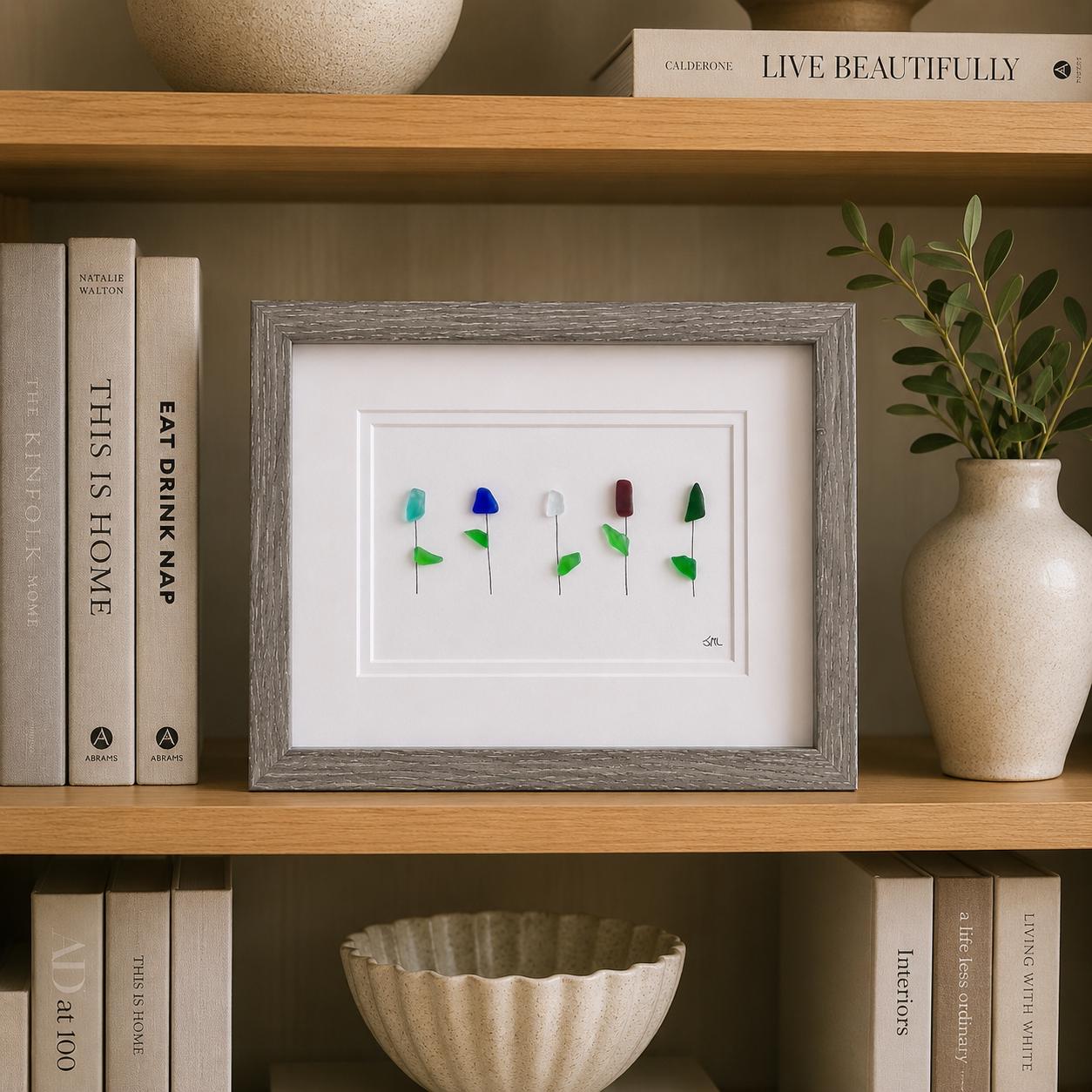 Framed Sea Glass Flowers, 8x10 Handmade Original Artwork, Unique Wall Decor