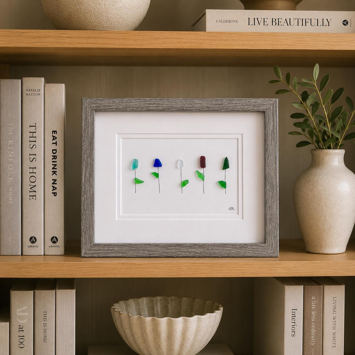 Framed Sea Glass Flowers, 8x10 Handmade Original Artwork, Unique Wall Decor