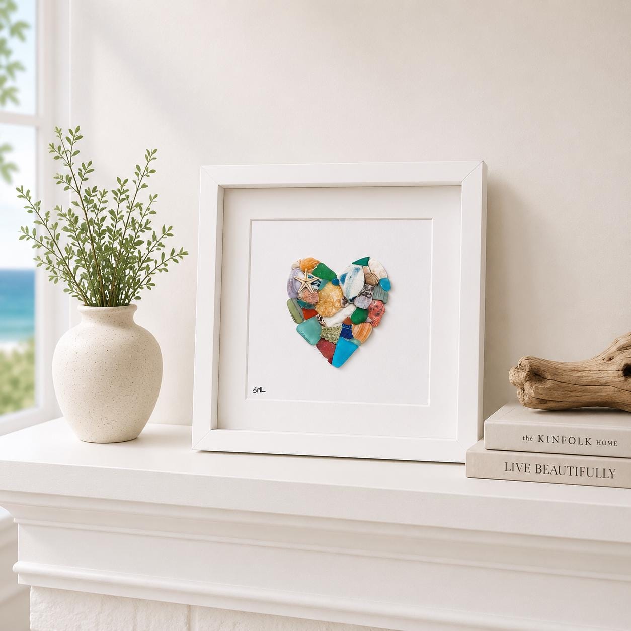 Scottish Sea Glass Heart Collage, Framed Coastal Wall Art (9x9), Valentines Day