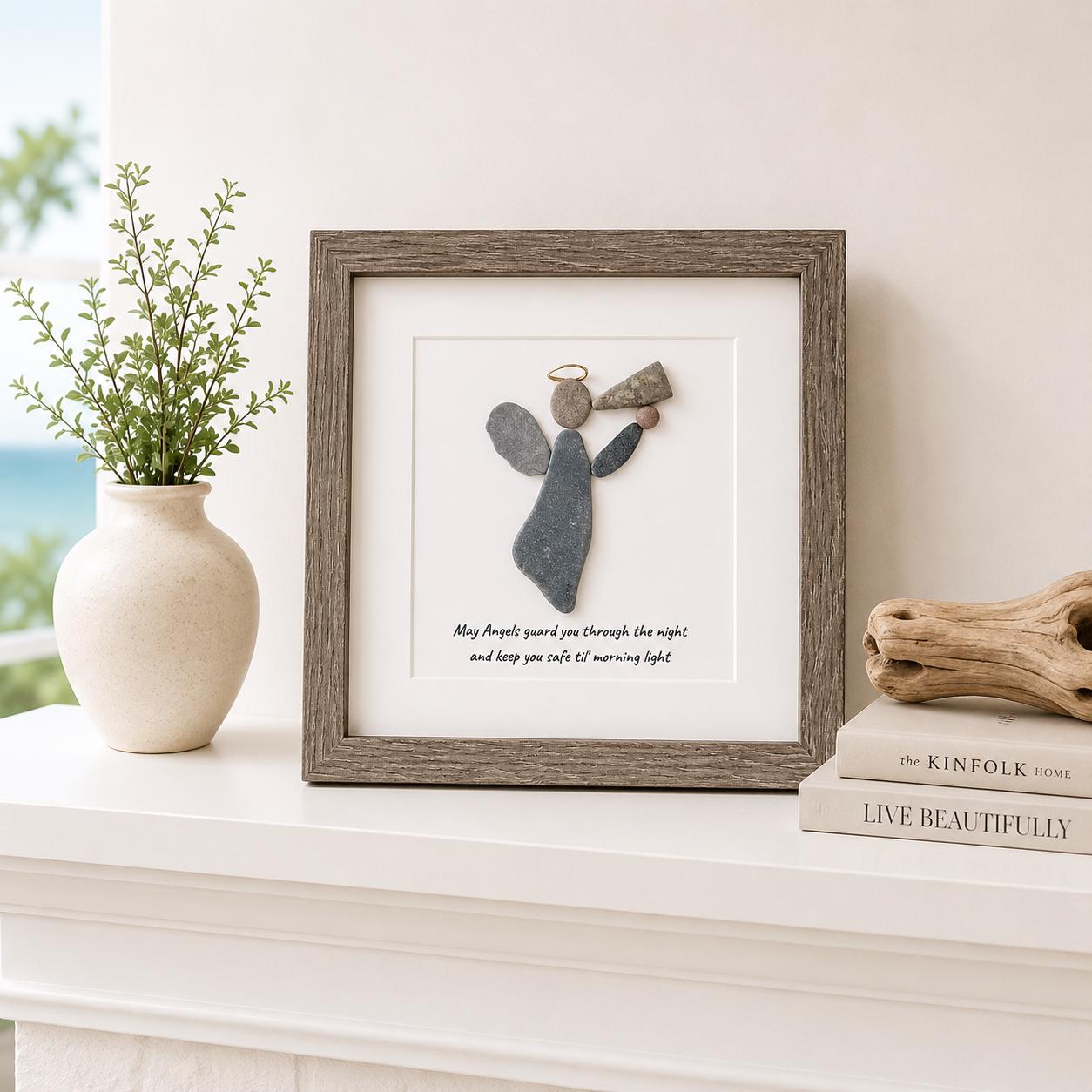 Guardian Angel Pebble Art, 9x9 Framed Handmade Wall Decor