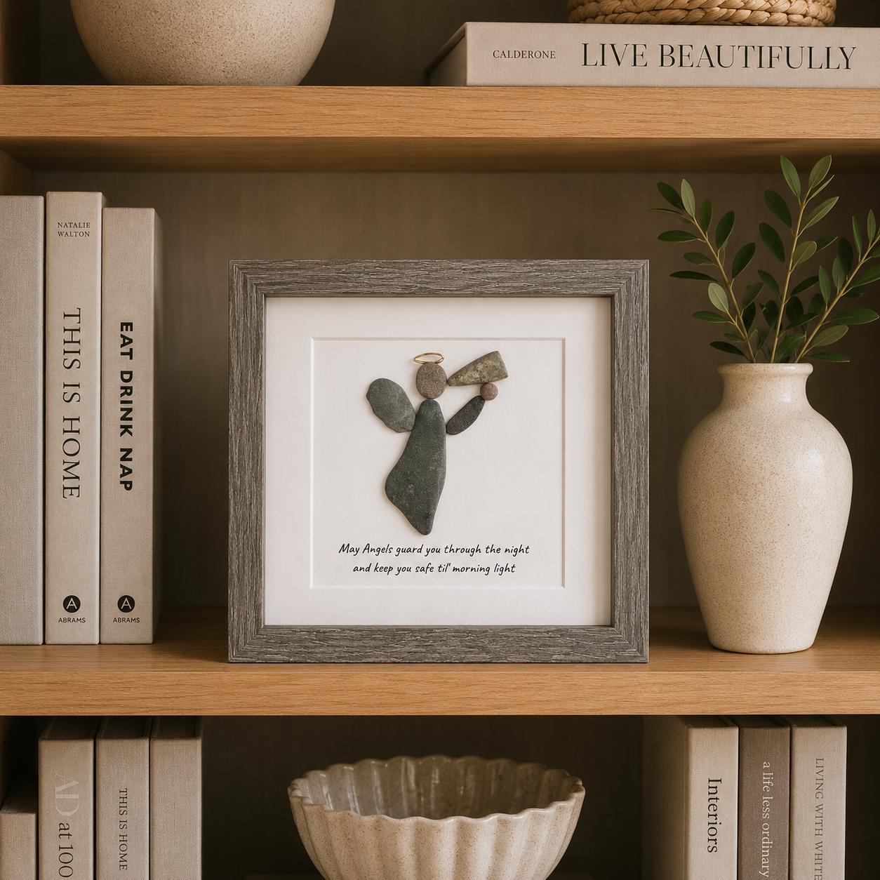 Guardian Angel Pebble Art, 9x9 Framed Handmade Wall Decor