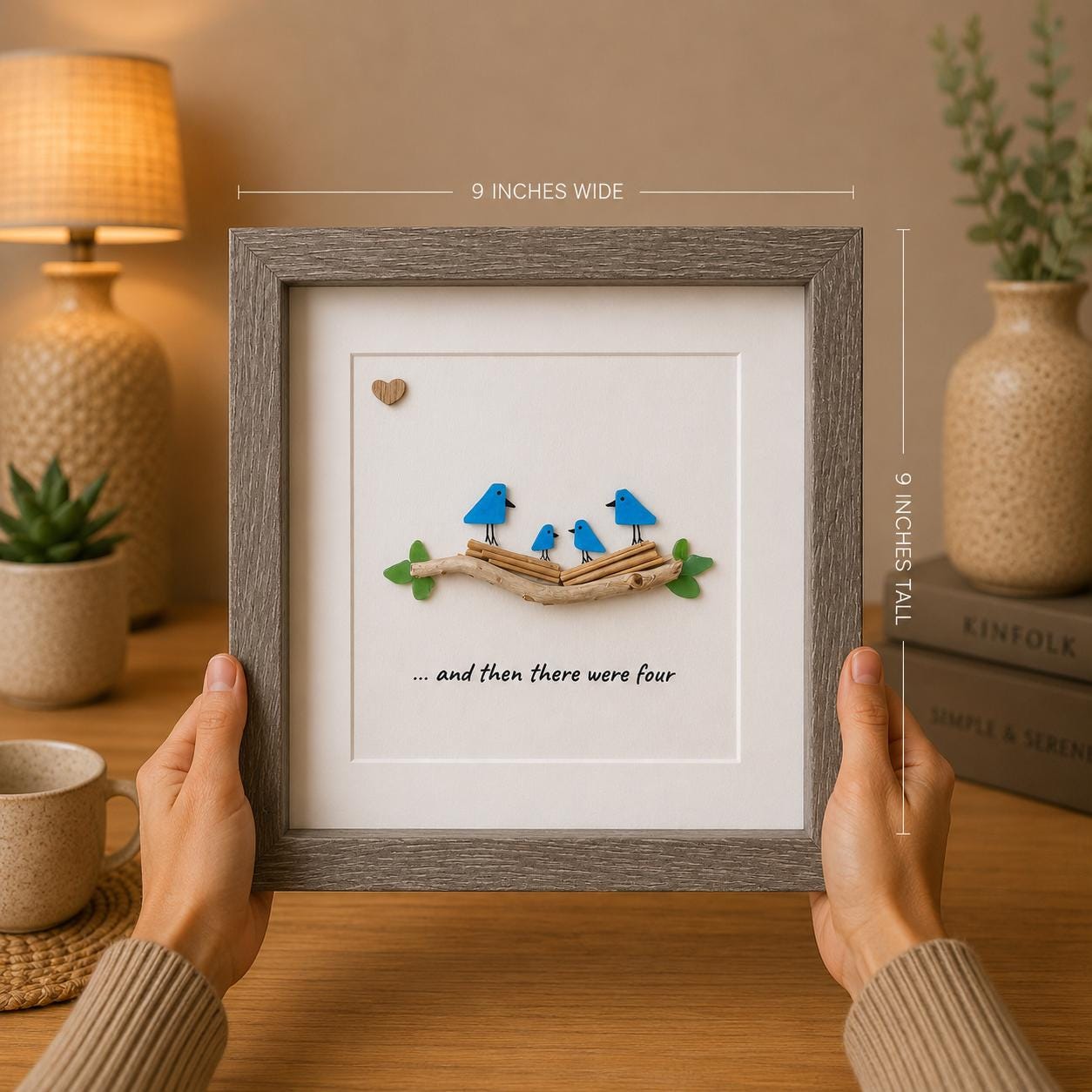 Sea Glass Bird Family of Four, 8x8 Personalized Framed Picture, New Baby Gift, Mother’s Day Gift, Handmade Artwork, New Parents Gift