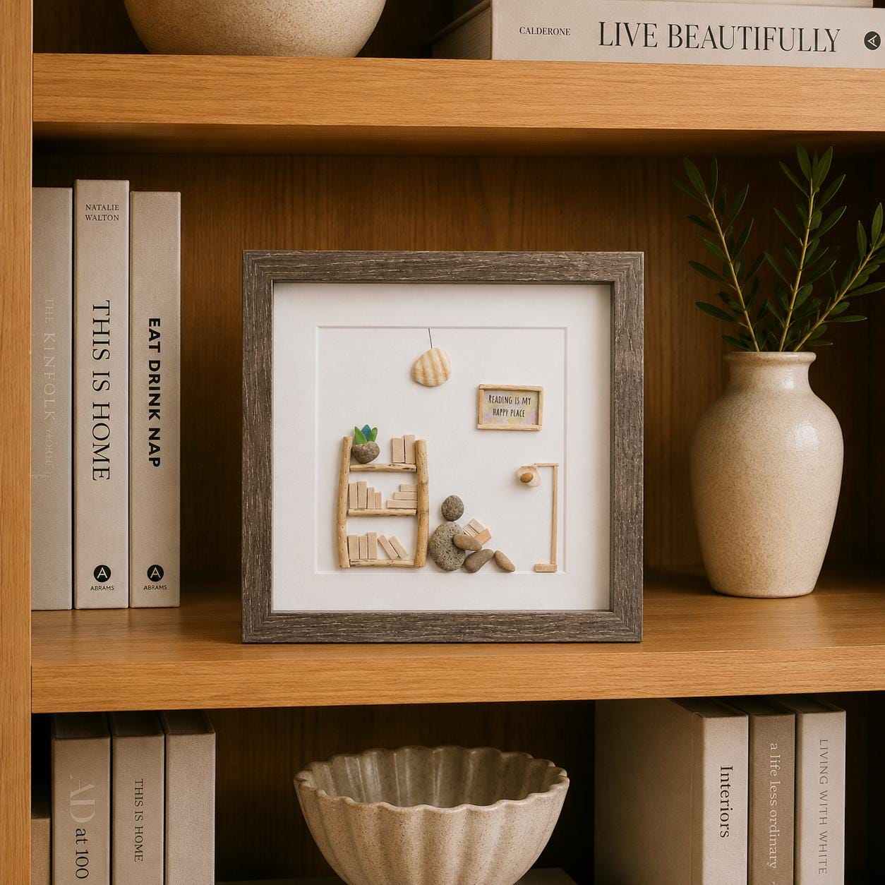 Unique Gift for Book Lovers, 8x8 Pebble Art Picture of Reader Surrounded by Books, Wall Sign Says "Reading is My Happy Place"