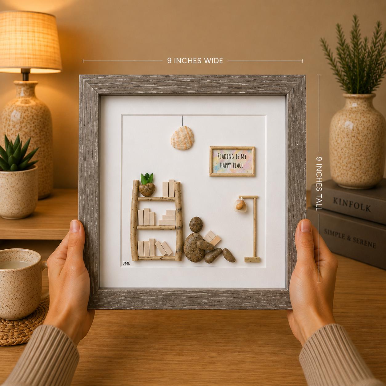 Unique Gift for Book Lovers, 8x8 Pebble Art Picture of Reader Surrounded by Books, Wall Sign Says "Reading is My Happy Place"