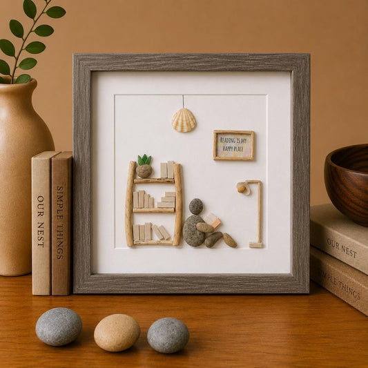Unique Gift for Book Lovers, 8x8 Pebble Art Picture of Reader Surrounded by Books, Wall Sign Says "Reading is My Happy Place"