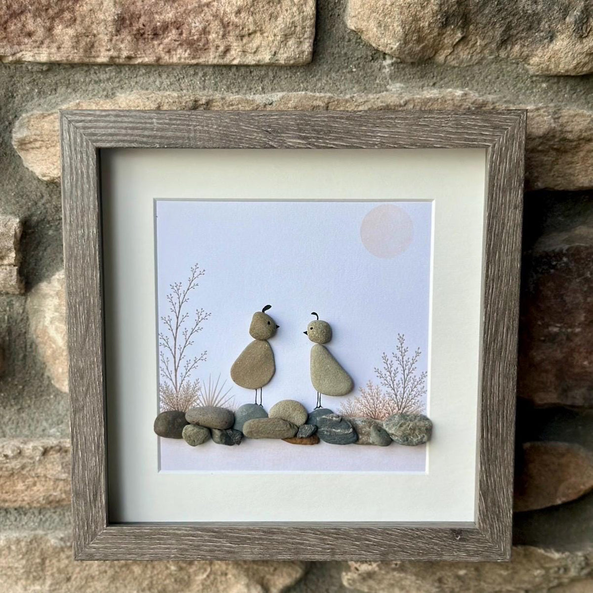 Quail Pebble Art Framed | Nature Gift Handmade Coastal Art | 8x8 Framed Art