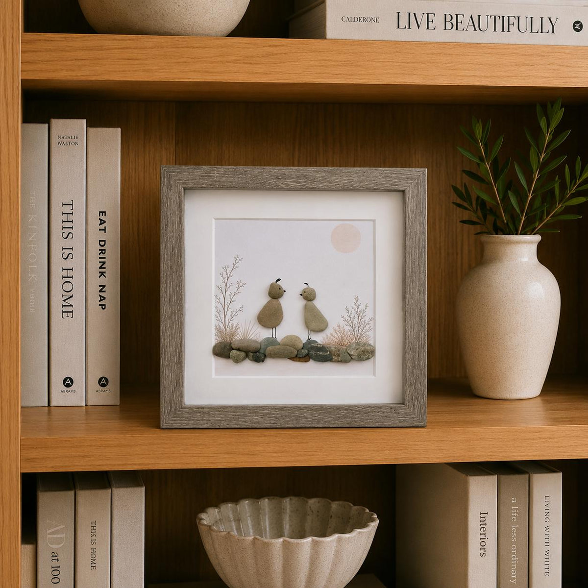 Quail Pebble Art Framed | Nature Gift Handmade Coastal Art | 8x8 Framed Art