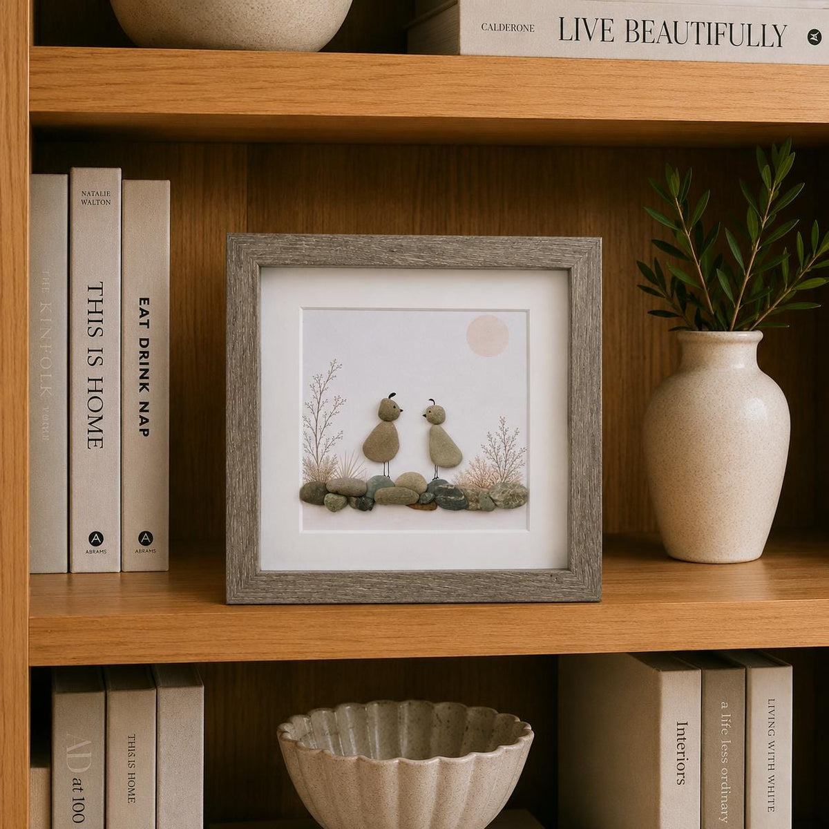 Quail Pebble Art Framed | Nature Gift Handmade Coastal Art | 8x8 Framed Art