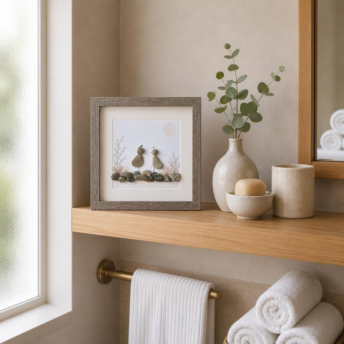 Quail Pebble Art Framed | Nature Gift Handmade Coastal Art | 8x8 Framed Art