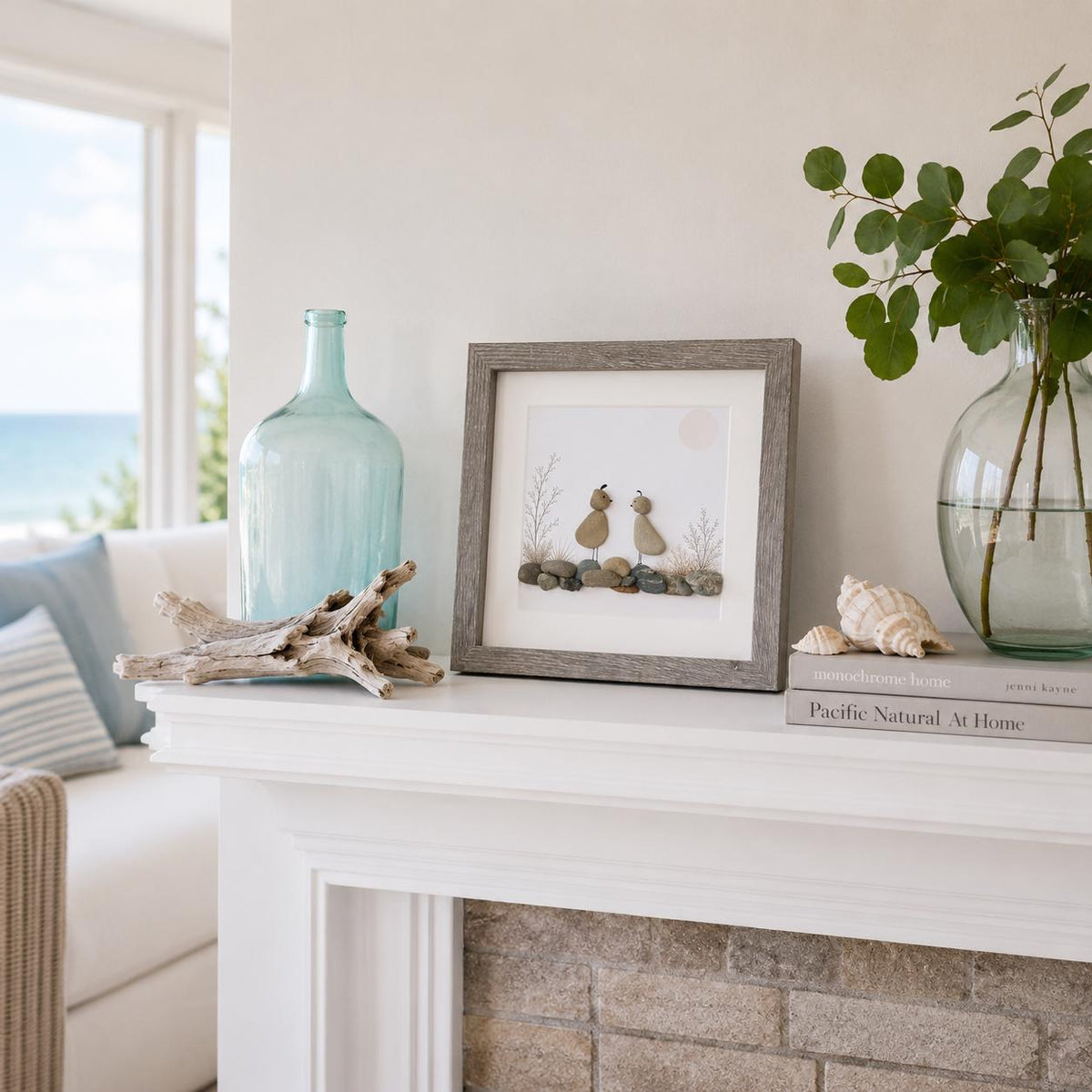 Quail Pebble Art Framed | Nature Gift Handmade Coastal Art | 8x8 Framed Art