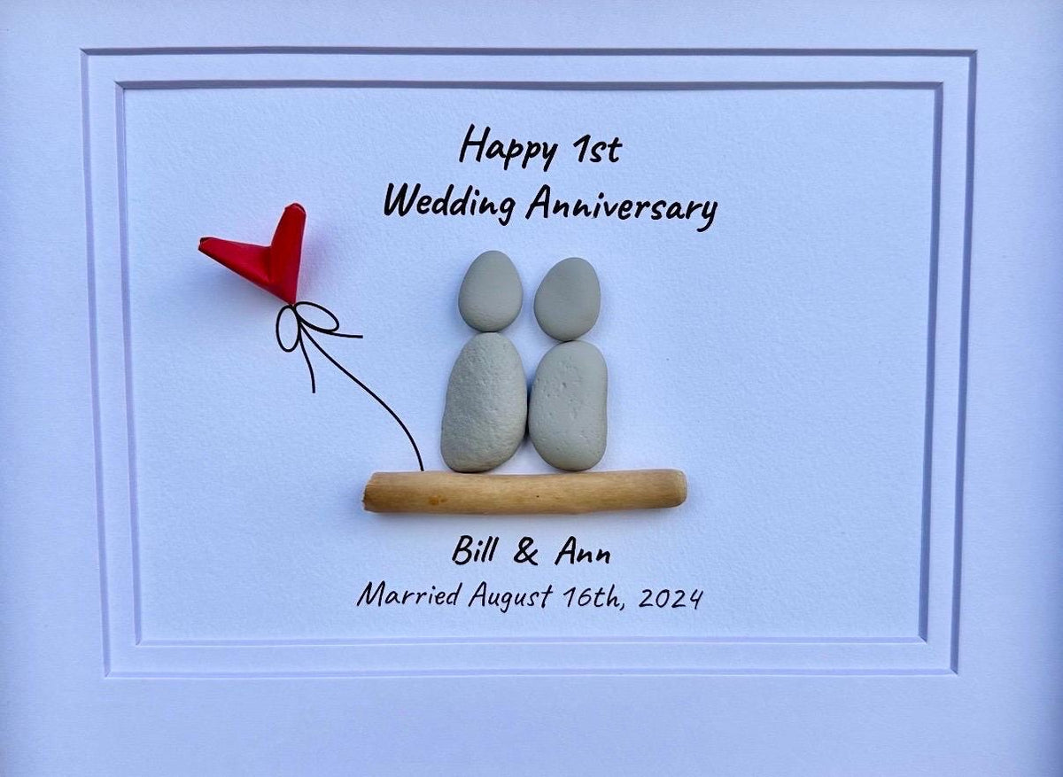1st Wedding Anniversary Pebble Art | Paper Anniversary Gift With Red Heart