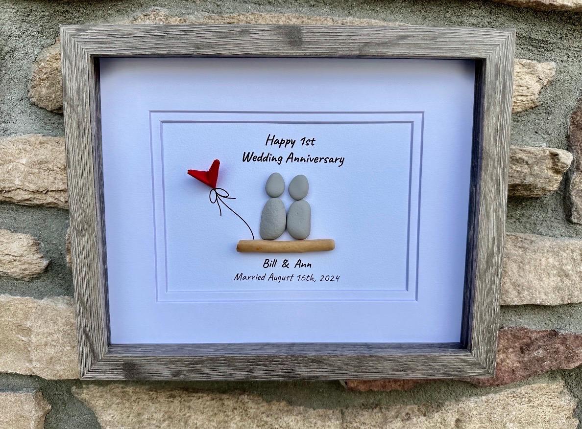 1st Wedding Anniversary Pebble Art | Paper Anniversary Gift With Red Heart