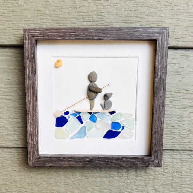 Paddle Boarding With Dog Framed Sea Glass and Pebble Art, ~ 9 x 9 inches