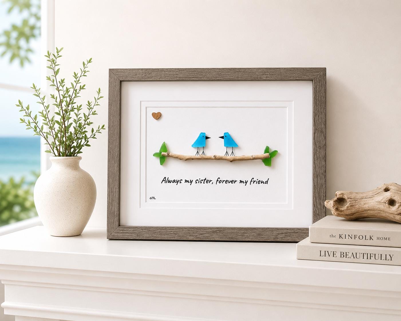 Always my sister, forever my friend; Unique Gift for Sister, Framed 8x10 Sea Glass Art Captioned