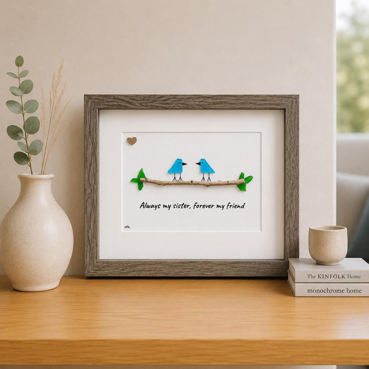 Always my sister, forever my friend; Unique Gift for Sister, Framed 8x10 Sea Glass Art Captioned
