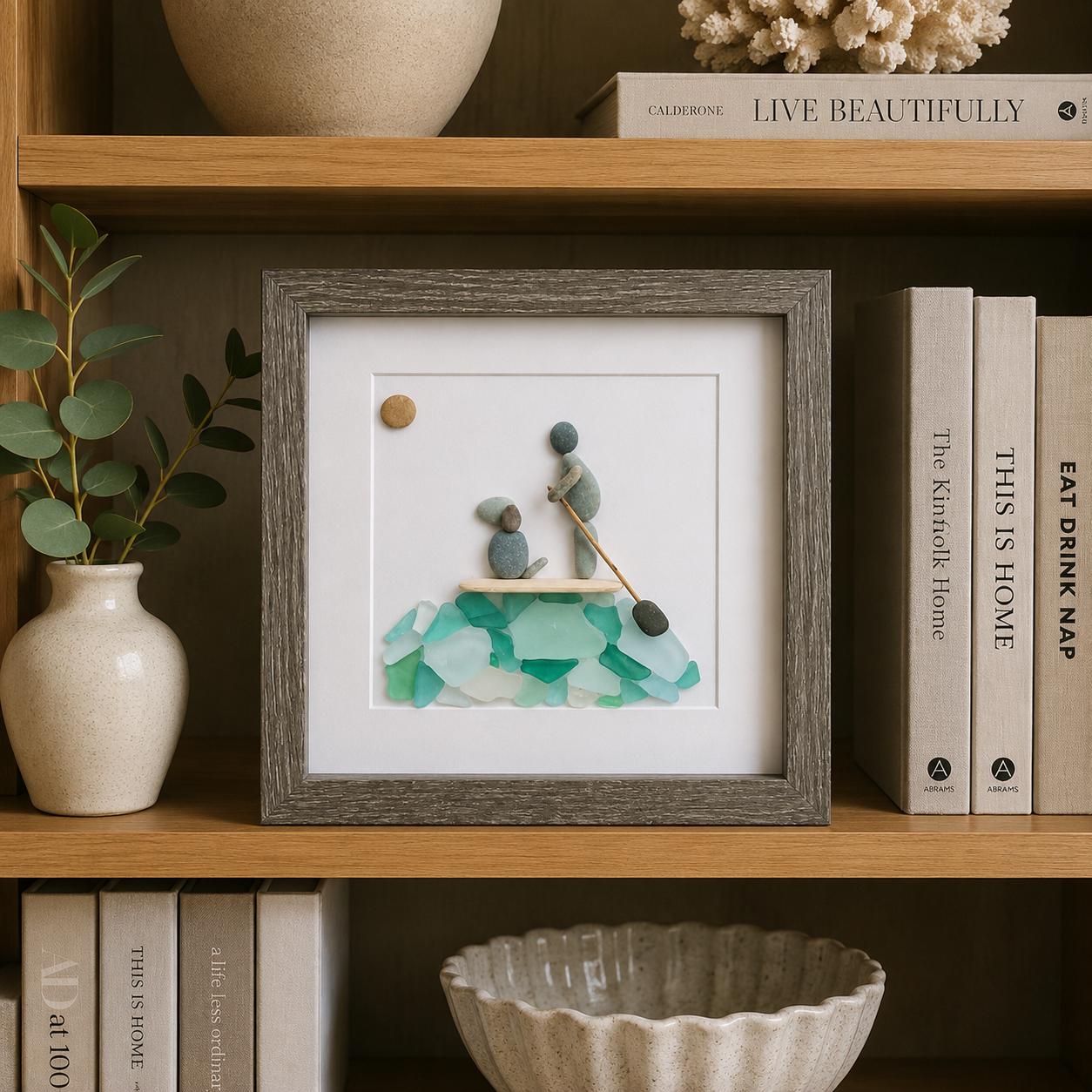 Paddle Boarding With Dog Framed Sea Glass and Pebble Art, ~ 9 x 9 inches